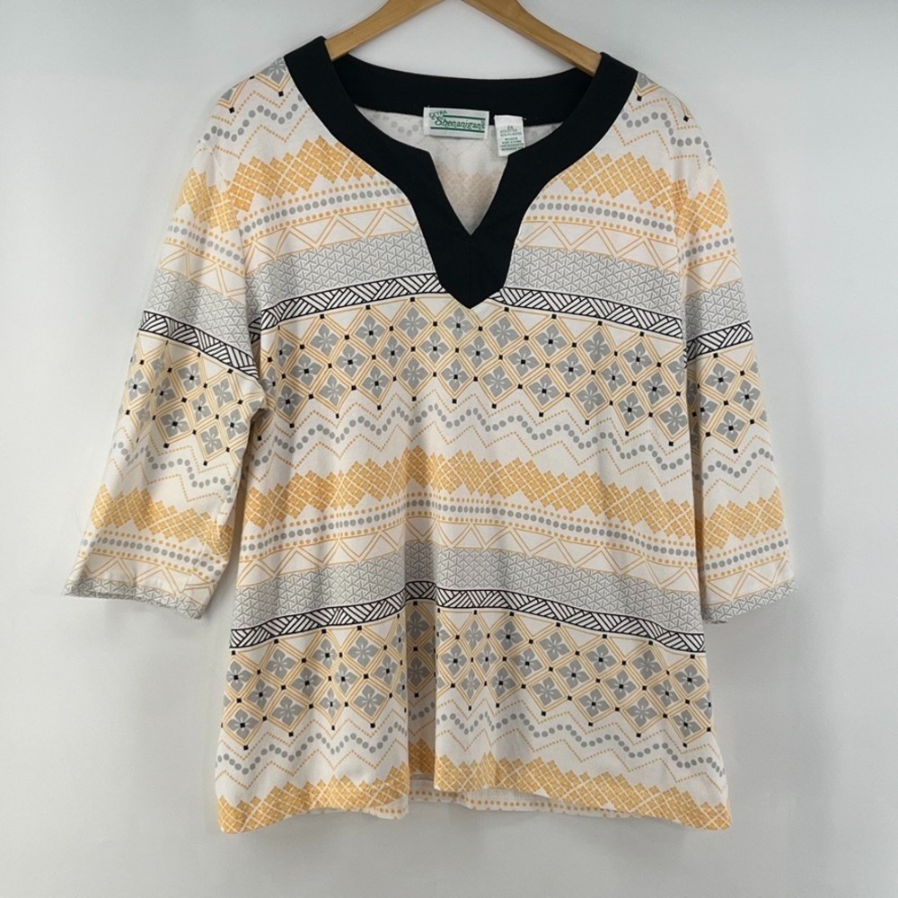 VTG Shenanigans Plus 2X Top Yellow Grey Geometric Knit Cottage Boho Grandma
